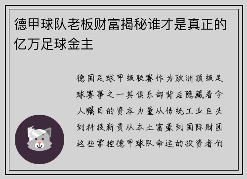 德甲球队老板财富揭秘谁才是真正的亿万足球金主